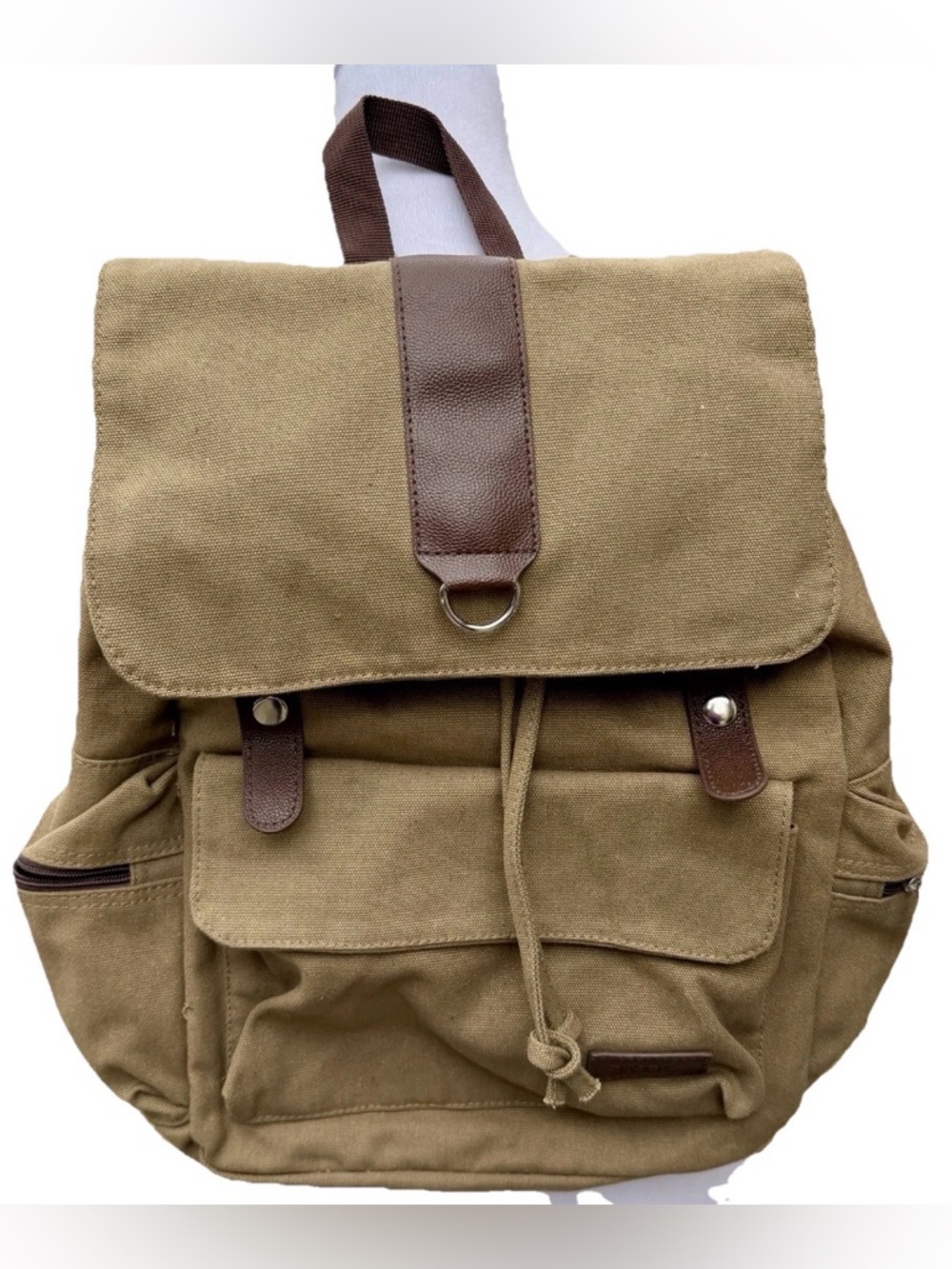 Bella Russo Canvas Backpack Unisex Drawstring Flap Zipper Pockets Faux Leather - Picture 1 of 11